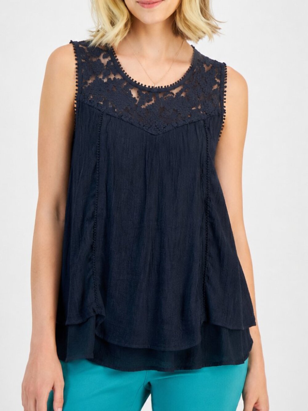 Style & Co. Navy Lace Yoke Layered Sleeveless Top